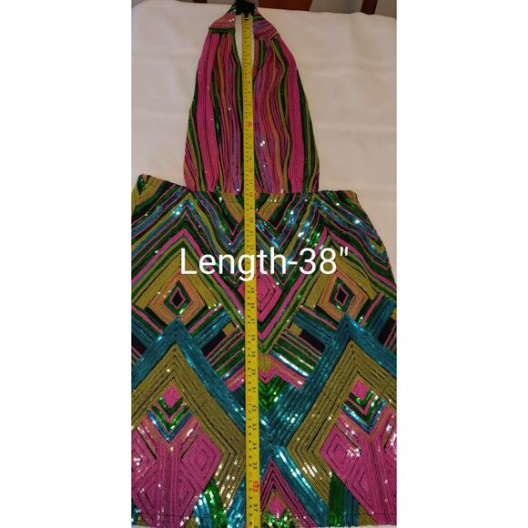 Sexy Multicolor Sequin Mini Dress Plunging Halter 1XL Open Back Retro Club Party - Picture 13 of 16